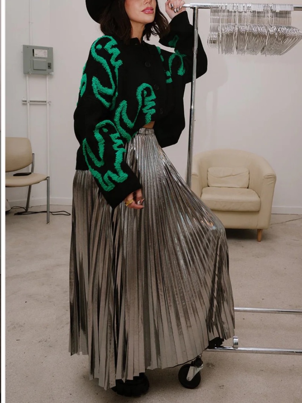 Dressed in Lala Metallic Pleated Midi Skirt in Sterling Silver - Picture 4 of 5